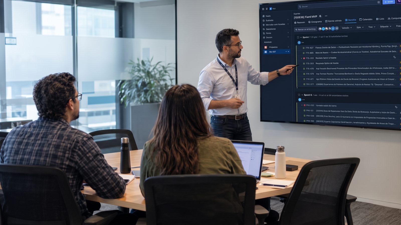 Un miembro del equipo de Initium Lab presenta el tablero de un sprint en una pantalla a dos compañeros